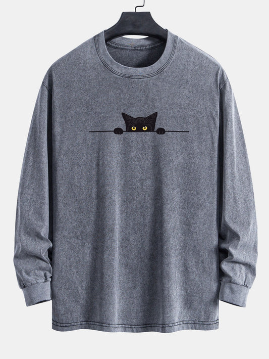 Black Cat Print Relax Fit Long Sleeve Washed Distressed T-Shirt