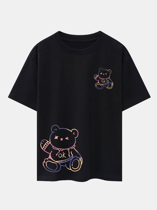 Colorful Bear Print Drop Shoulder Oversize T-Shirt