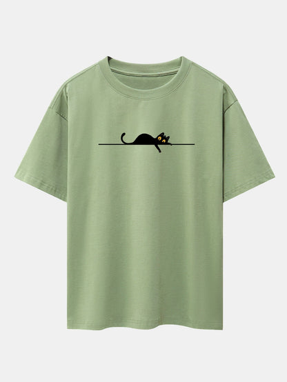 Black Cat Print Drop Shoulder Oversize T-Shirt