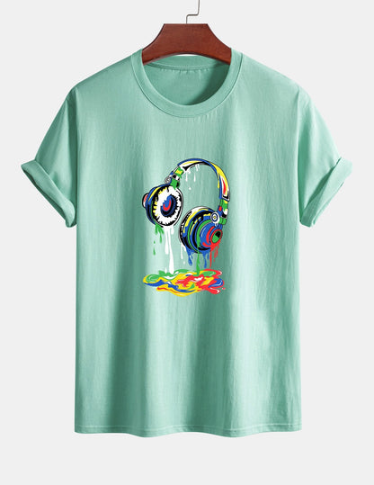 Regular Fit Dissolving Headphones Print Cotton T-Shirt