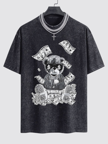 Money Bear Print Washed Drop Shoulder Oversize T-Shirt