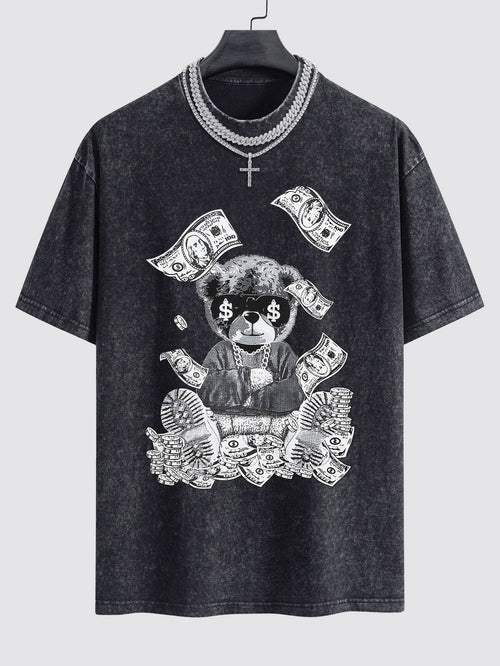 Money Bear Print Washed Drop Shoulder Oversize T-Shirt