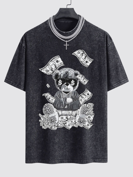 Money Bear Print Washed Drop Shoulder Oversize T-Shirt
