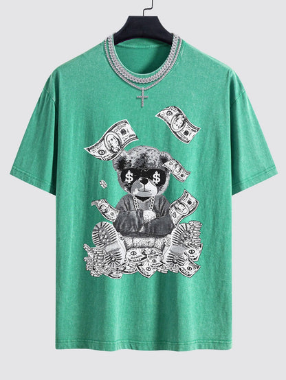 Money Bear Print Washed Drop Shoulder Oversize T-Shirt