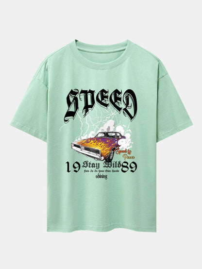 Lightning Speed Car Print Drop Shoulder Oversize T-Shirt