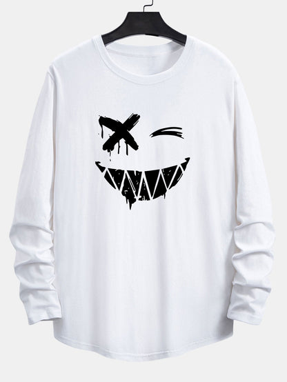 Long Sleeve Graffiti Smiley Face Print Cotton Arc Hem T-Shirt