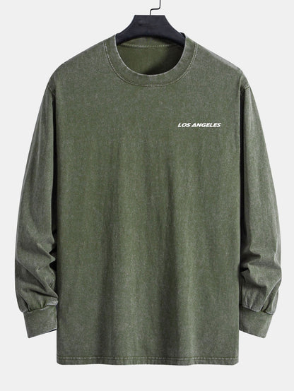 Los Angeles Print Relax Fit Long Sleeve Washed Distressed T-Shirt