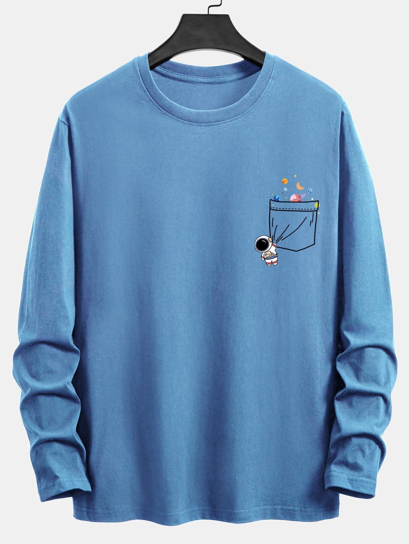 Long Sleeve Pocket Planet Astronaut Print Cotton T-Shirt