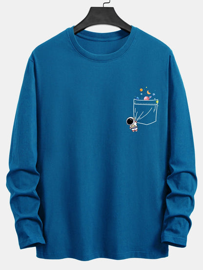 Long Sleeve Pocket Planet Astronaut Print Cotton T-Shirt