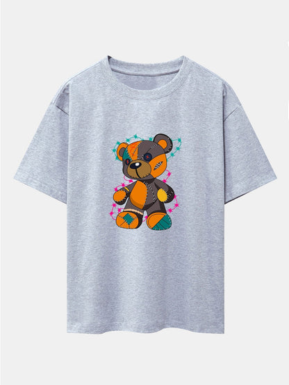 Tattered Bear Print Drop Shoulder Oversize T-Shirt