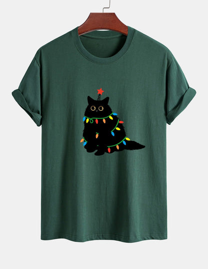 Regular Fit Colorful Light Black Cat Print Cotton T-Shirt