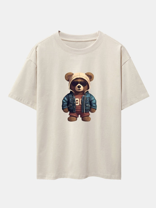 Bear In Leather Jacket Print Drop Shoulder Oversize T-Shirt