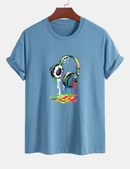 Regular Fit Dissolving Headphones Print Cotton T-Shirt