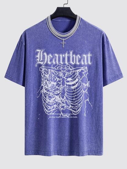 Slogan Skeleton Print Washed Drop Shoulder Oversize T-Shirt