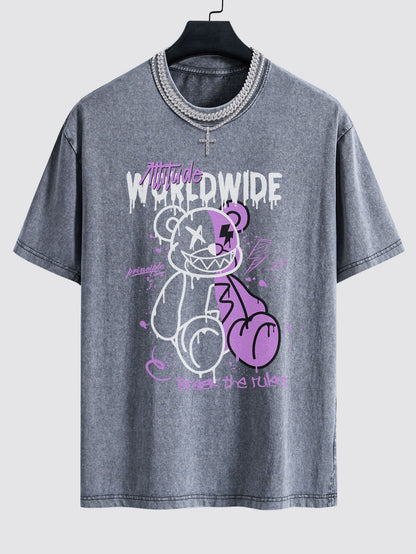 Dissolving Bear Print Washed Drop Shoulder Oversize T-Shirt