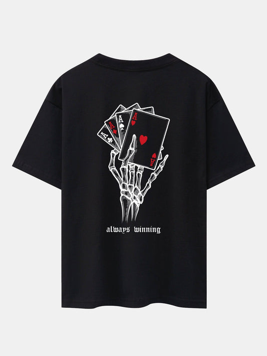 Skull Hand Ace of Hearts Back Print Oversize T-Shirt