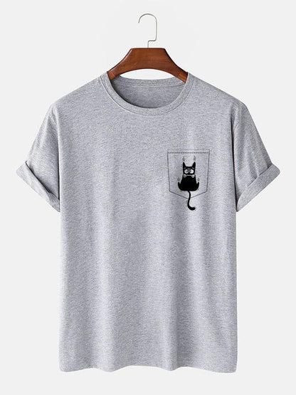 Cat Slipping Out Of Pocket Print T-Shirt