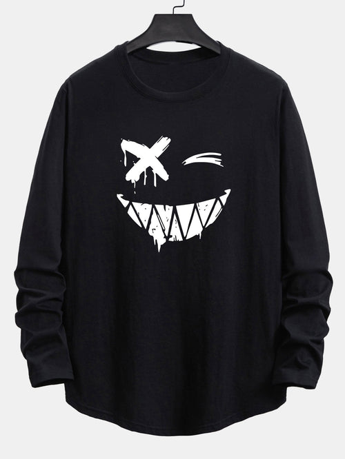Long Sleeve Graffiti Smiley Face Print Cotton Arc Hem T-Shirt